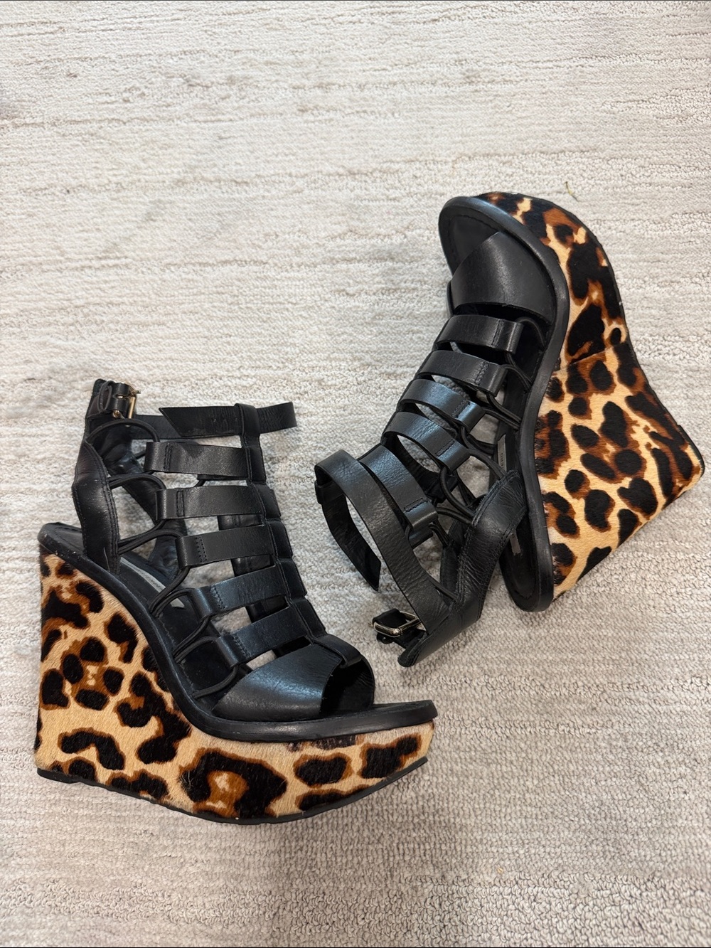 Diane Von Furstenberg Black Strappy Wedges with Leopard-Print Platform